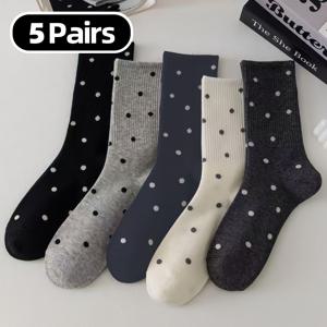5켤레 여성 패션 물방울 무늬 미드 카프 양말, 물방울 무늬 골지 양말, 패션 캐주얼 멀티팩 양말, 여성용 부드러운 데일리 양말 가을 겨울 홈웨어