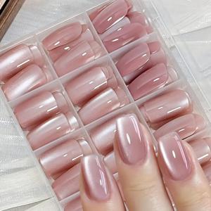 120개/박스 숏 사이즈 사각 고양이 눈 프레스온 네일, 고급스러운 고광택 자연스러운 누드 핑크 고양이 눈 인조 네일, 여성용 웨어러블 네일 패치, 저렴한 네일 세트, 데일리 데이트에 적합, 1세트 도구 키트 포함