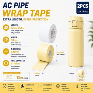[24M HVAC 튜브 테이프] UV 저항 AC 파이프 랩핑 테이프 24M X 50Mm | HVAC 배관 단열 보호 실외 배선 키트