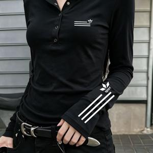 패션 하프 버튼 후드 슬림 롱 슬리브 티셔츠, 라인 라벨 프린트 가슴 및 커프스, 스트레치 원단 윤곽, 간편 스타일, 간편 캐주얼 스파이시 데일리 웨어