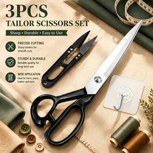 3pcs 세트 [10인치 재봉 가위 X 1개, 실 가위 X 1개, 바늘 X 1개], 전문가용 헤비 듀티 10인치 스테인리스 스틸 가위, 실 가위 포함, 날카로운 패브릭 가위, 재봉 및 산업용 재봉에 적합