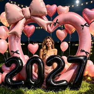 2027년 새해 파티 장식 세트 10개, 40인치 하트 속이 빈 풍선, 리본, 숫자 풍선 조합 포함, 새해 행사 장면 연출, 송년회 모임 저녁 식사, 쇼핑몰, 슈퍼마켓, 가정 장식, 사진 장식 소품용