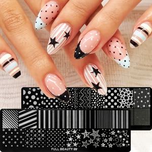 FULL BEAUTY 한국식 Y2K 네일 스탬핑 플레이트 2개 세트, 별 & 폴카 도트 템플릿 포함 - 오각별, 라인 , 둥근 도트 웨이브 전사 스텐실, 네일 살롱용, 네일 아트 디자인 & 살롱 장식용, 웨이브 패턴