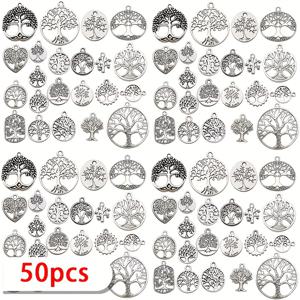 50/100개 랜덤 스타일 앤티크 은빛 생명의 나무 참, DIY 주얼리 제작용 아연 합금 펜던트, 목걸이 및 팔찌 제작용 식물 테마 공예 액세서리