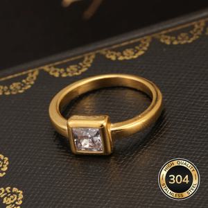 스테인리스 스틸 18k 골드 도금 사각형 합성 지르코니아 인레이 반지 1개, 심플하고 활용도 높으며 트렌디함, 여성 데일리웨어, 웨딩웨어, 어머니 및 아내를 위한 선물용으로 적합