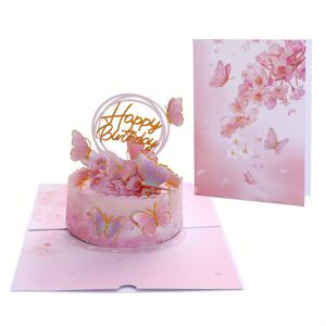 창의적인 나비 생일 케이크 3D 팝업 생일 카드, 벚꽃과 나비 디자인, 진주화된 봉투 포함