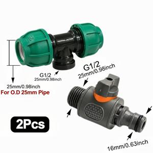 정원 관개용 T자형 퀵 커플링 커넥터 키트 2개, 외경 20/25mm PE 파이프 T자형 어댑터, 1/2인치 암나사, 차단 밸브 및 16mm 호스 어댑터 포함, 온실, 잔디, 농장 급수용 누수 방지 퀵 커넥트 피팅