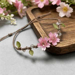 여성 벚꽃 직조 팔찌, 핸드메이드 열수축 벚꽃 코드 팔찌, 잎과 비즈 장식, 조절 가능한 버클 로프 손목 밴드, 레트로 우아한 스타일의 정교한 손목 장식, 여학생용 귀여운 스위트 플로럴 액세서리