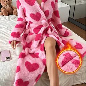 여성용 따뜻한 가을 겨울 캐주얼 로즈 핑크 하트 패턴 포켓 벨트 캐주얼 홈 로브 외출 가능