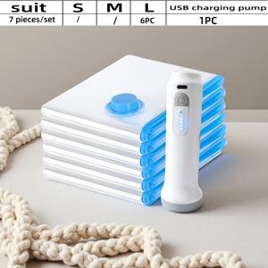 7개 세트 - 진공 보관백 + USB 전동 에어펌프(충전 케이블 포함), 1500mAh 장시간 배터리, 한 번 충전으로 최대 1시간 연속 작동, 옷 및 계절용 침구 보관용 매우 편리한 진공 압축백, 고품질 제품
