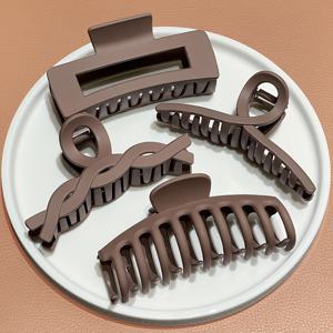 4개 무광 브라운 헤어 클립, 큰 중성 상어 클립 강력 고정, 풍성한 머리카락에 적합한 집게 클립, 헤어핀, 여름 헤어 추가, 학용품, 해변 필수품, 여름 아이템, 휴일 필수품