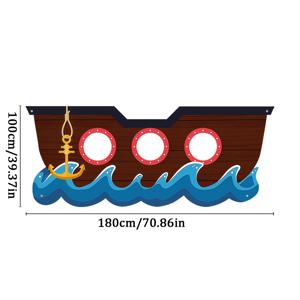 2D 플랫, 2D 플랫 - 2D 플랫, 2D 플랫 - 1개, 만화 갈색 해적선 속이 빈 배경 천, 금색 앵커와 파란색 물결 패턴과 짝지어, 해적 테마 파티 사진 장식, 바다 테마 모임, 해양 테마 사진 존 세팅