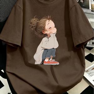 플러스 사이즈, 패딩 코트를 입은 아기자기한 아기(또는 아이) 그림 프린트 캐주얼 슬림핏 여성용 티셔츠