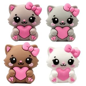 4개입 새로운 3D 레리프 하트 리본 고양이 실리콘 비즈, 빅아이 블러쉬 소프트 귀여운 여아 스타일 3D 실리콘 포컬 비즈, 팔찌, 목걸이, 수제 비즈 펜, 펜던트 제작에 적합, 달콤하고 귀여운 아기 고양이 하트 수제 추가품 (할로윈 테마)
