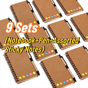 9세트 대량 스파이럴 노트 & 대나무 펜 키트, 크라프트 종이 커버, 랜덤 색상 스티커 메모 및 페이지 탭 포함