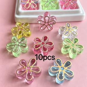 10개 투명 아크릴 꽃 빅 홀 비즈, 랜덤 혼합 색상, 여름 마카롱 톤, 골드 윤곽, 비즈, 펜던트, 헤드 코드, 비즈 펜 및 기타 추가 장식용