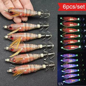 6개/세트 8Cm 새우 루어 새우 낚시 미끼 야광 바다 낚시 오징어 지그 훅 새우 수평 오징어 지그 에기 세트