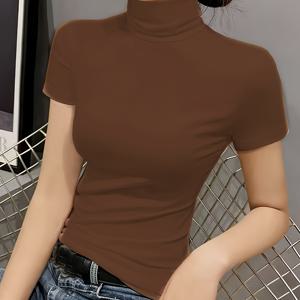 여성 솔리드 하이넥 반팔 티셔츠, 슬림핏 & 매력, 패셔너블 & 엘레강트, 편안함, 부드러움 & 통기성, 고탄력 소재, 세탁기 사용 가능, 봄/여름용 다용도 베이스 셔츠