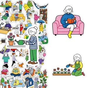 50개입 재미있는 일상 장면 스티커, 귀여운 캐릭터 데일리 일러스트 스티커 (책 읽기, 식물 물주기, 요리, 강아지 산책 등 다양한 일상 장면), 다이어리 장식, 노트북, 휴대폰 케이스 재료