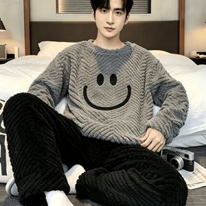 남성용 이지 스타일 캐주얼 파자마 세트, 따뜻한 플리스 홈웨어, 긴소매 라운드넥 상의 및 루즈핏 바지 홈 슬립웨어 세트, 가을 겨울 야외 세트