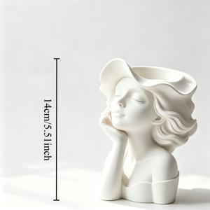3D 프린팅 흰색 소녀 얼굴 모양 화분, 힐링 눈가림 턱받이 창의적인 디자인, 넓은 모양의 모자와 물결 모양 머리 예술적인 초상화, 높이 14Cm, 데스크탑 장식, 다육이 및 작은 꽃 심기 가능