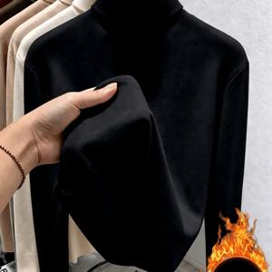 여성용 양면 플리스 따뜻한 긴팔 하이넥 탑, 따뜻하고 편안한 레이어드 티셔츠, 단색 라운지웨어, 따뜻한 의류