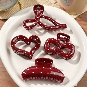 여성을 위한 빈티지 폴카 도트 클로 클립 4개 세트, 스위트 하트 리본 상어 클립, 은은한 분위기를 위한 광택 머리핀, 일상 스타일링, 데이트, 사진 촬영, 다양한 의상을 위한 크고 안전한 헤어 액세서리