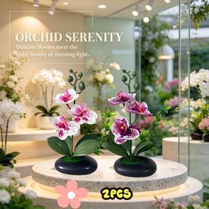 2개 혼합 색상 인공 Phalaenopsis 난초 화분 식물, 3송이 흰색 얼룩 및 보라색 얼룩 꽃 화분 식물, 아름답고 우아한 꽃잎, 녹색 잎으로 고급스러운 검은색 작은 납작한 화분에 우아하고 정교하게 배치