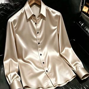 남성 패션 남녀공용 페이크 새틴 긴팔 셔츠, 대비되는 흰색 포인티드 칼라, 블랙 장식 버튼, 슬림핏 라이트 럭셔리 비즈니스 셔츠, 파티, 연회 및 데일리 웨어에 적합