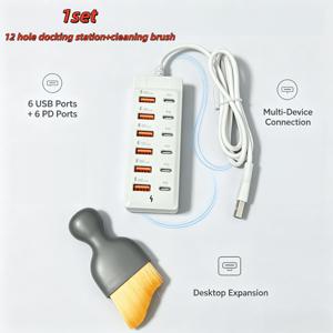1세트 12포트 USB 허브 (청소 브러시 포함), USB-A 6포트 및 PD 멀티포트 USB 확장 도킹 , 노트북, 태블릿, 데스크탑 및 차량용 멀티 장치 충전 어댑터, 일상적인 사용을 위한 실용적인 선물
