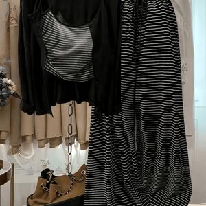 플러스 사이즈, 앞면 버튼 클로저 슬림핏 디테일 드로스트링 포함 가디건 세트, 캐주얼, 통근, 데일리웨어용 우아한 가을 필수템