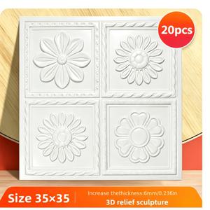 20개입 두꺼운 3D 엠보싱 벽지, 크기 35*35cm, 두께 6mm, XPE 폼 소재로 제작된 충돌 방지 벽지, 빈티지 꽃무늬 패턴. 방수 천장 스티커, 부착 및 제거가 쉬우며 간편하게 청소 가능하고 자유롭게 절단 가능. 침실, 거실, 욕실, 복도에 적합. 방수 및 홈 데코 스티커, 콘크리트 벽 리노베이션에 사용 가능