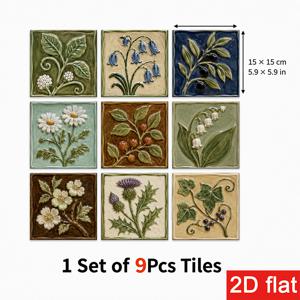 2D 평면 9개 15x15cm (5.9x5.9인치) 슬레이트 타일 스티커 고급스러운 꽃무늬 필 앤 스틱 벽 타일, 주방 배경벽 및 커피 코너 장식용, 계절 장식품, 축하 필수품, 생생한 색상, 자체 접착식, 모던 스타일, 2D 평면
