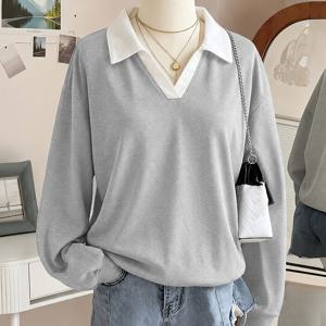 분위기 있는 신상품! V넥 스플라이스 2-in-1 룩 폴로 칼라 캐주얼 스웨트셔츠, 부드럽고 친근한 느낌의 루즈핏. 거리 산책, 쇼핑, 데이트, 출퇴근에 완벽한 다재다능한 필수 아이템