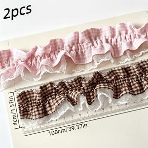 2개 체크무늬 러플 레이스 트림, 주름진 체크무늬 직조 테이프와 흰색 레이스 테두리, DIY 재봉 액세서리, 의류, 가방, 집 장식 및 인형 공예에 적합