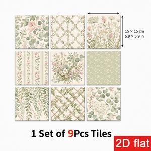 2D 플랫 9개 15X15Cm (5.9X5.9In) 슬레이트 타일 스티커 스타일리시 - 플로럴 패턴 필 앤 스틱 벽 타일, 주방 백스플래시, 커피 코너, 욕실, 거실 액센트용, 간편한 필 앤 스틱, 제거 가능, 잔여물 없음