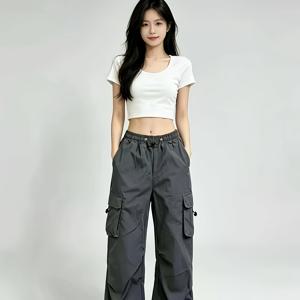 스트리트 스타일 핫 그레이 카고 바지, 오버사이즈 와이드 레그 디자인, 큰 포켓, 여성용 발목 주름 넉넉한 캐주얼 트라우저