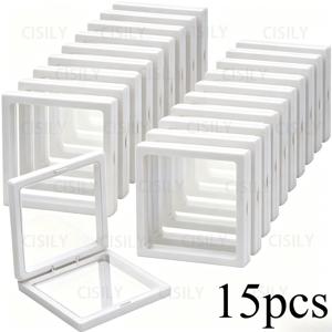 15개 클리어뷰 3D 플로팅 디스플레이 박스, 먼지 방지 주얼리 포장, 목걸이, 팔찌, 반지, 동전, 귀걸이 및 핀 보관용, 탄성 필름이 있는 투명 매립 보관 상자, 소매 및 개인용 선물 상자, 주얼리 트레이