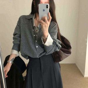 새 여성 폴로 칼라 풀오버 스웨터 한국 스타일 가을 겨울 2026 올리브 그린 회색 네이비 블루 원 사이즈 편안한 핏 다용도 데일리 캐주얼