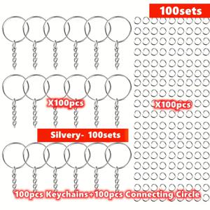 100세트 100개 키체인+100개 연결 원형 DIY 금속 키체인 스플릿 링 링크 은색 금색 펜던트 홀더 링 DIY 키체인 주얼리 제작
