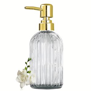 400ml 우아한 파란색 유리 로션 디스펜서, 금색 펌프 - 텍스처드 라운드 디자인, 독립형, 욕실 및 주방에 이상적, 재충전 가능한 비누/샴푸/콘디셔너 병, 욕실 액세서리 | 리브드 텍스처 | 투명 병, 비누 디스펜서