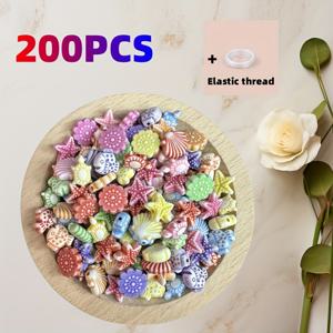 200개 비즈 + 1개 탄성 스트링, 별모리, 조개, 물고기, 거북이, 꽃이 포함된 혼합 해양 테마 비즈 (목걸이, 키체인, 휴대폰 끈 제작용)