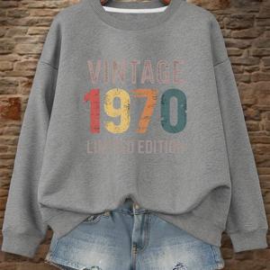빈티지 1970 에디션 그래픽 프린트 스웨트셔츠, 크루 넥 캐주얼 스웨트셔츠, 가을 & 봄용 여성 의류