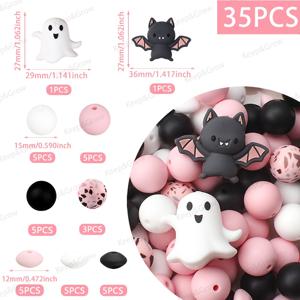 35개 3D 할로윈 테마 실리콘 비즈 세트 15mm 유령 박쥐 핑크색 포컬 비즈, 주얼리 제작 공예 펜 비즈 추가 비즈 및 비즈 모음
