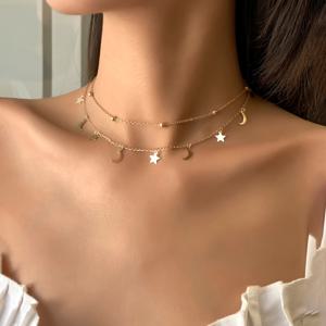 2pcs 우아한 더블 레이어 별과 달 펜던트 칼라본 목걸이 세트, 여성 패션 빈티지 사계절 다용도 주얼리, 어머니, 딸, 자매, 연인을 위한 완벽한 선물