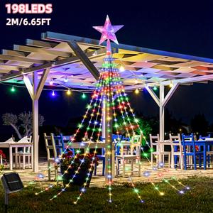 1개 200cm/78.74인치 198LED, 오각별 폭포등, 크리스마스 태양광 장식 스트링 조명, 태양광 야외 캠핑등, IP65 8가지 모드 크리스마스 트리 조명, 가정 정원 마당 파티오 휴일 파티 결혼식 장식용