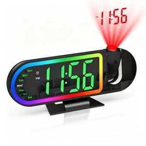 8.5인치 대형 LED 디스플레이 디지털 시계, 침실용 프로젝션식 알람 시계, 180도 회전식 프로젝션, 3단계 밝기 조절, 17가지 RGB 야간 조명 모드, 알람, 온도, 습도 설정 가능