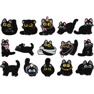 15개 검은 고양이 시리즈 다리미 부착 자수 패치 세트, 귀여운 붕대 아기 고양이 열전사 컴퓨터 자수 배지, 옷, 백팩 및 여행 가방용 패브릭 장식 수선 아플리케