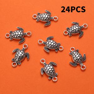 바다거북 모양 메탈 펜던트 커넥터 24개 - DIY 주얼리 제작용 이중 구멍, 팔찌, 목걸이, 귀걸이, 열쇠고리용 빈티지 디스트레스드 바다거북 참 - 수제 액세서리용 니치 테마 공예 용품 (수정 없음)