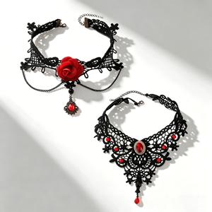 여성용 빈티지 엘레강스 다용도 고딕 다크 스타일 레드 로즈 플라워 블랙 오픈워크 레이스 목걸이 세트 2개, 일상복, 파티, 연회, 생일, 휴일, 할로윈 선물용으로 적합
